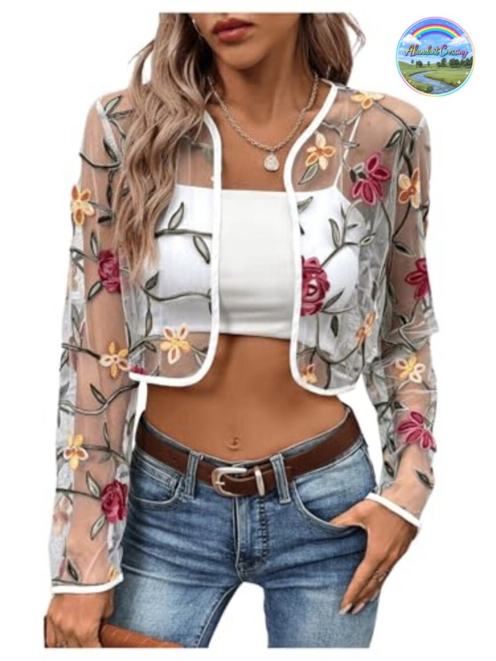 Floral Embroidered Sheer Mesh Open Front Crop Bolero Cardigan